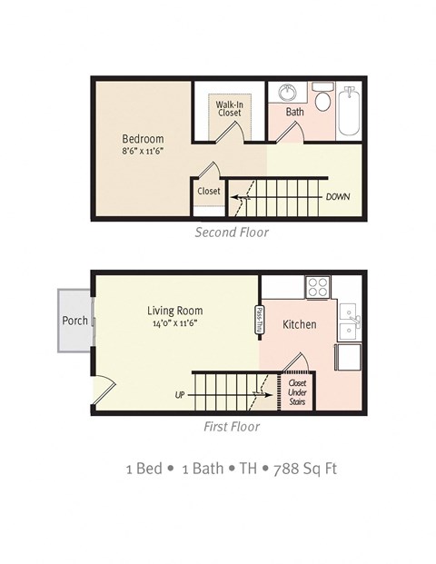 Floor plan for 1 bed, 1 bath, 788 sqft